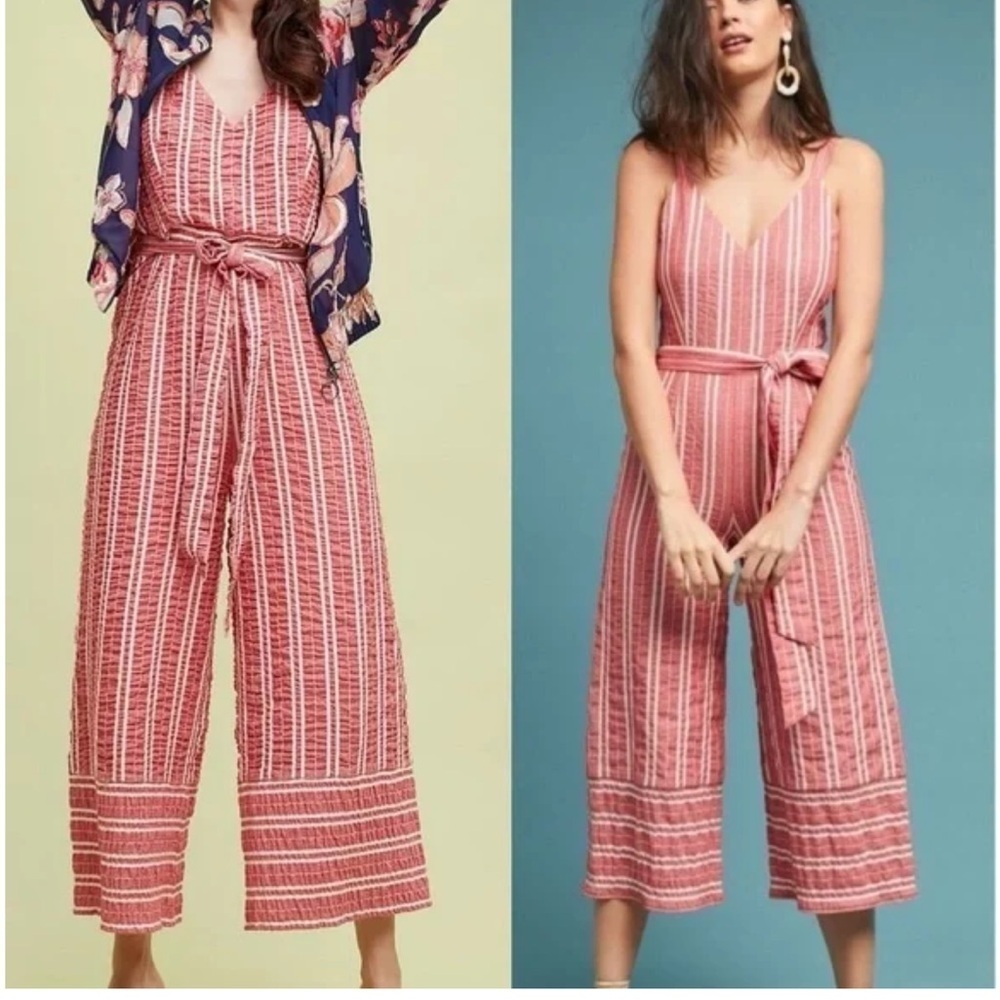 Ett Twa Anthropologie Robin Red White Stripe Seersucker Wideleg Jumpsuit size XS
